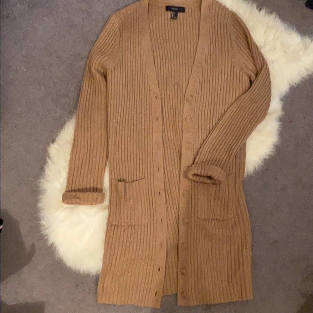 Camel-colored sweater cardigan